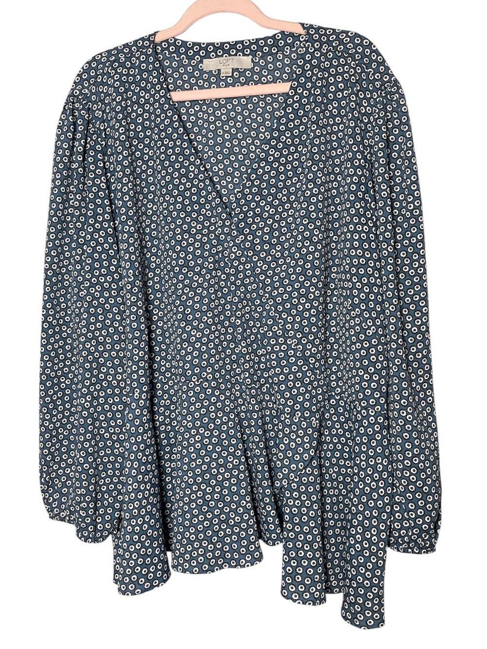LOFT Plus Size 26 Blue Floral Print Faux Wrap Long Sleeve Blouse Top
